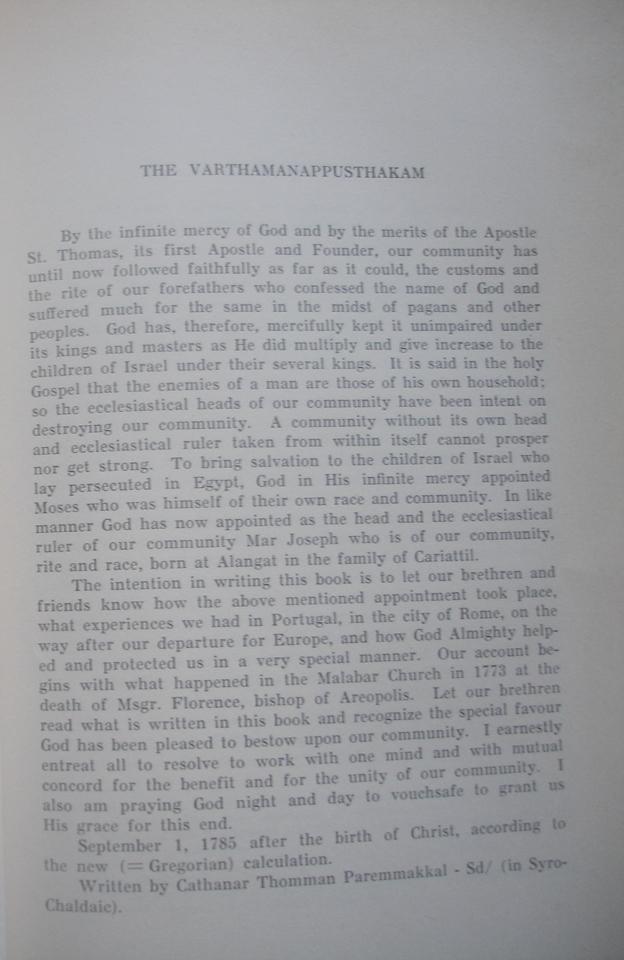 "THE VARTHAMANAPPUSTHAKAM" written by Cathanar Thomman Paremmakkal "THE VARTHAMANAPPUSTHAKAM" written by Cathanar Thomman Paremmakkal
